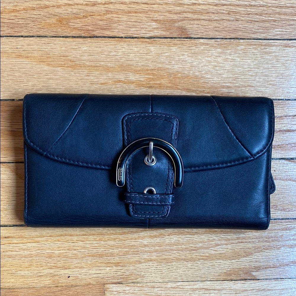 Coach Black Wallet with Textured Leather and Buckle Closure